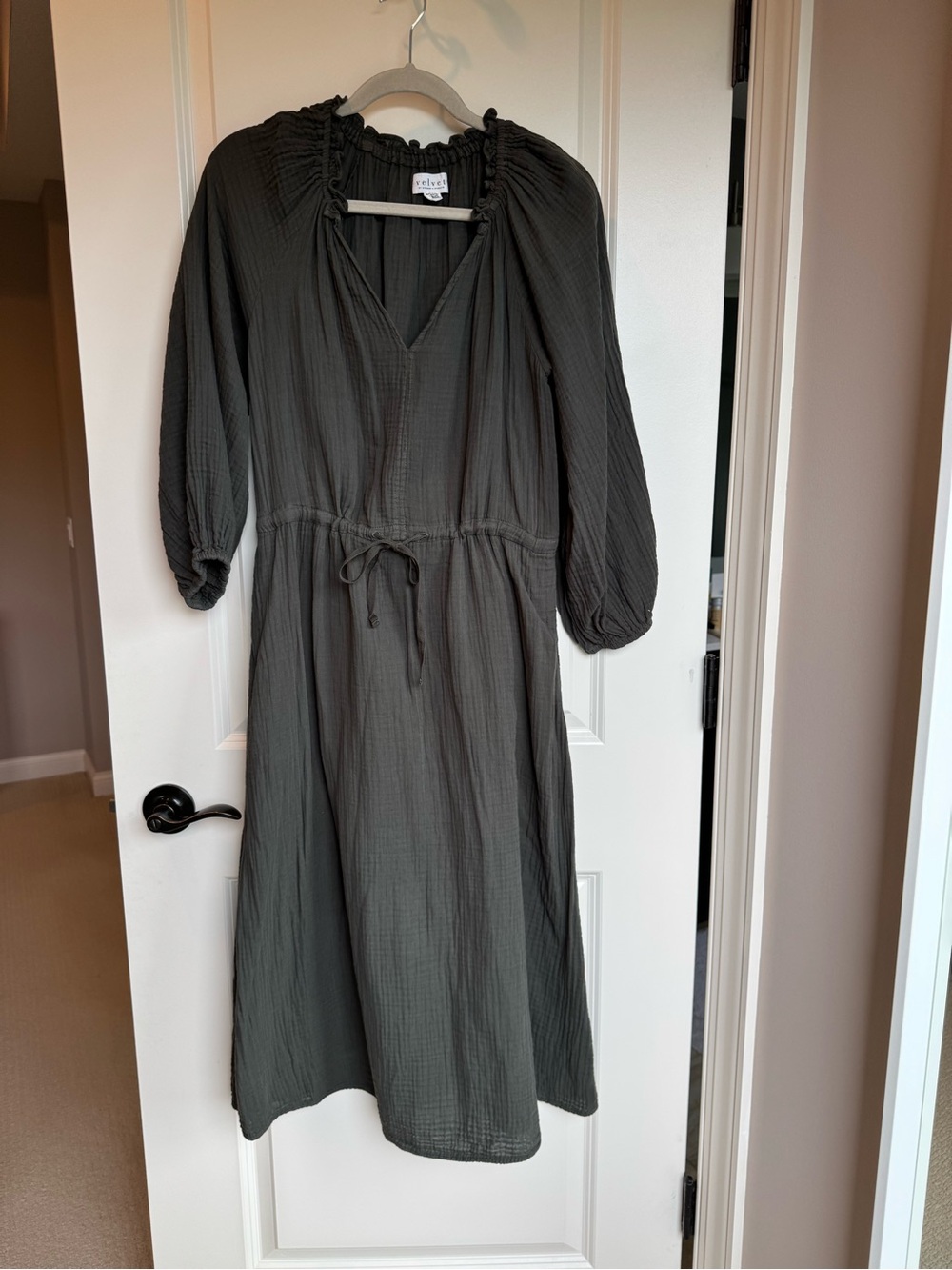 Velvet by Graham & Spencer Olive Green Midi Drawstring Waist Dress